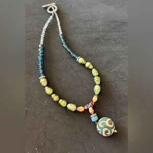 Source Unknown Green & Blue Beaded Pendant Necklace with Orange Accents